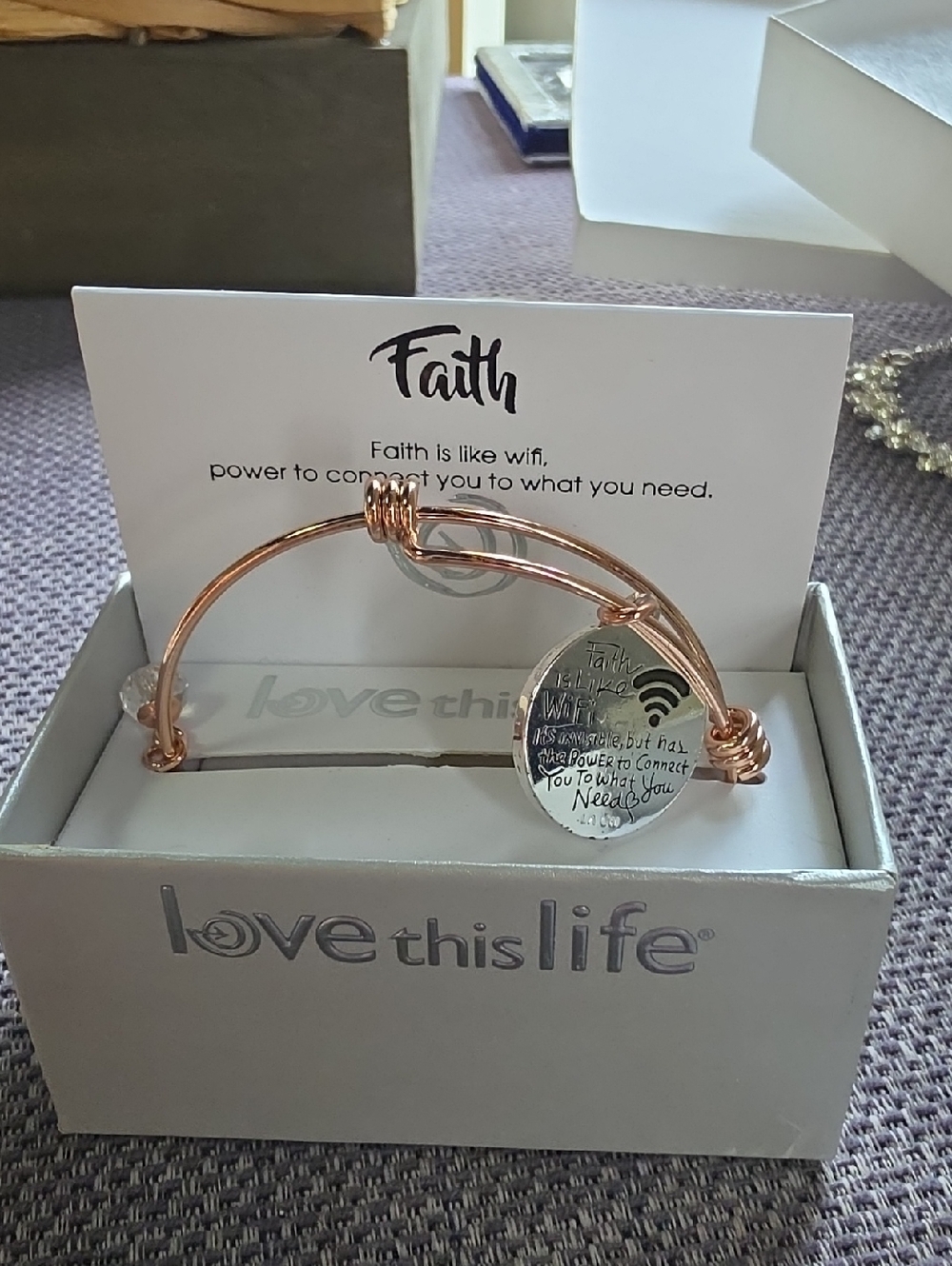 Faith Rose Gold Wire Bangle Bracelet with Inspirational Charm